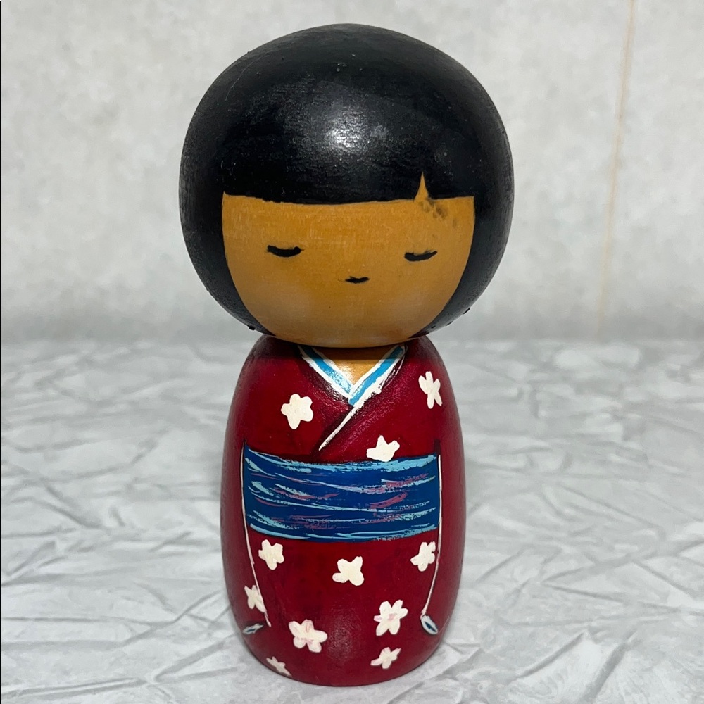 Handcrafted Wooden Kokeshi Doll - Red and Blue hand painted and signed